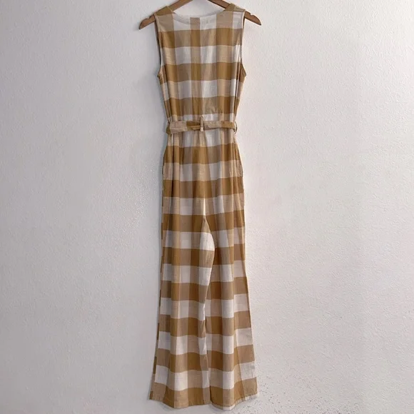 New Trovata Birds of Paradis Tan/White Checkered Jumpsuit Size M